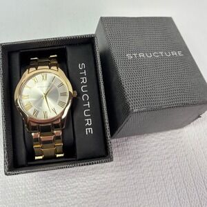 Mens Watch NIB Gold Tone STRUCTURE Roman Numeral Watch Stainless Steel Band New